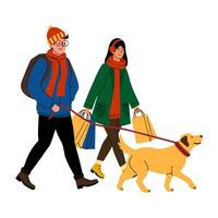 A couple enjoying a shopping day with their dog in a cozy winter setting vector