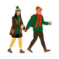 A couple enjoying a winter stroll with warm drinks in hand on a chilly day vector