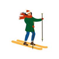 A woman skiing in winter attire with poles, enjoying a snowy day in the mountains vector