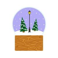 A winter snow globe featuring evergreen trees and a street lamp on a snowy day vector
