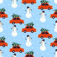Colorful pattern of cars with Christmas trees and snowmen on a light blue background vector