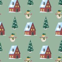 Cheerful winter pattern featuring snowmen, cozy homes, and evergreen trees on a green background vector