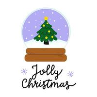 A colorful snow globe with a decorated Christmas tree and cheerful lettering on the base vector