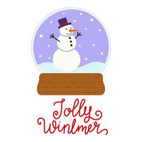 Jolly snowman inside a festive snow globe with falling snowflakes in winter setting vector
