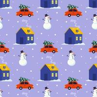 Festive winter pattern with cars, snowmen, and colorful houses in a cozy setting vector