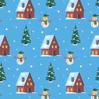 Decorative winter pattern featuring snowmen and cozy houses surrounded by pine trees vector