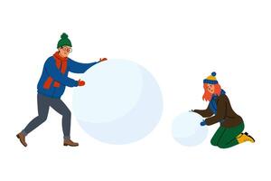 Two friends building snowballs in a winter wonderland on a sunny day vector
