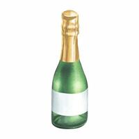 A close green bottle with champagne, a golden wrapper and an empty white label. Watercolor illustration, hand drawn. Isolated object on a white background vector