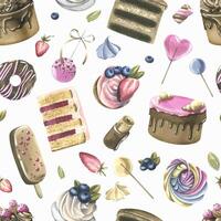 Cakes with brownies, donuts, marshmallows, lollipops, strawberries and blueberries. Watercolor illustration hand drawn. Seamless pattern on a white background vector