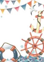 Ship steering wheel, lifebuoy, striped anchor floating on water and flying seagull with garlands of flags, bubbles. Watercolor hand-drawn illustration. Vertical frame, empty template for text vector