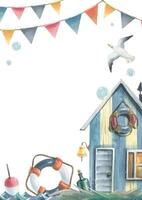 Fishing cabin with a lifebuoy, a bottle of alcohol, a flying seagull, a float on the water, with garlands of flags, bubbles. Watercolor illustration hand-drawn. Vertical frame, empty template for text vector