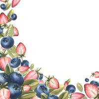 Corner frame with strawberries and blueberries. Watercolor illustration. Board from a large set of SWEETS. For the design and design of menus, packaging, recipes, price tags, postcards, invitations. vector