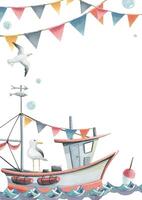 Fishing boat with sails and mast, flying seagull, float on water, with garlands of flags, bubbles. Watercolor illustration hand drawn. Vertical frame, empty template for text vector