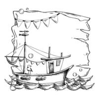 A sailing boat fishing with a garland of flags, a seagull, waves and bubbles of water. Graphic linear drawing, hand drawn in black and white monochrome. nautical. Template frame vector