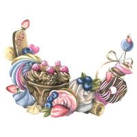 Cake, cupcakes, marshmallows, meringues, lollipops and berries. Watercolor illustration. A composition from a large set of SWEETS. For decoration and design of kitchen utensils, prints, menus, logos. vector
