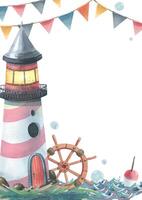 Marine striped lighthouse with ship s wheel and fishing float on water, with garlands of flags and bubbles. Watercolor hand-drawn illustration. Vertical frame, empty template for text vector