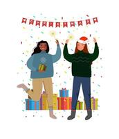 happy womens with Christmas presents and confetti on background. Beautiful element for your New Year design vector