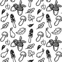line art autumn pattern with mushrooms, acorns, pears and leaves. Black and white background vector