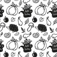 line art autumn pattern with mushrooms, hedgehog, pears and leaves. Black and white background vector