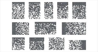 Pixel disintegration backgrounds. Dispersed dotted pattern. Retro 8 bit game effect. Mosaic texture with simple particles. illustration on white background vector