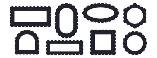 Set of rectangular, round, oval and square scalloped frames. Zig zag Wavy Edge. Abstract elements for tag, stickers. illustrations set isolated on white vector