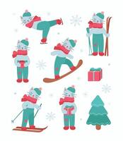 Set with cute cats in winter activity, skiing and skating. Isolated character on white background. vector
