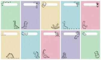 Collection of templates with cute dinosaurs with tropical fantasy plants in hand-drawn sketch style on colorful pastel colors. Positioned in the corner of a grid notebook page, space for notes vector