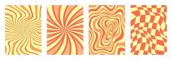 Set of y2k patterns. Posters with psychedelic backgrounds. Checkered wavy cell. Geometric posters in 70s style in coral and yellow shades. vector