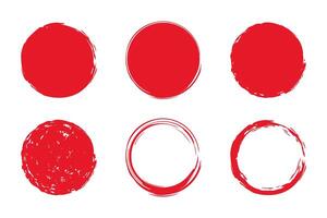 Japanese red circle painted with brush. Chinese sun with textured stroke. Set of round stamps in grunge style. vector