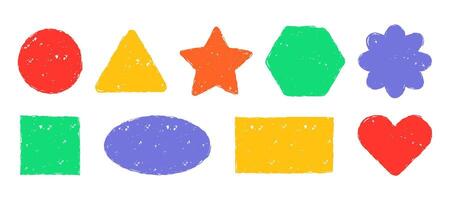 Text frames are brightly colored and painted with a brush. Geometric shapes with a wax crayon texture. Heart, circle, square and flower, painted with strokes. vector