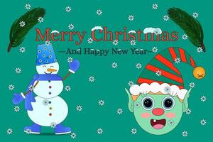 Fun and festive Christmas illustration featuring a cheerful snowman and a playful elf, surrounded by snowflakes. Ideal for holiday designs. vector