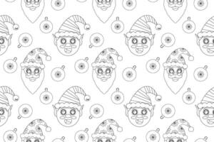 Festive coloring pattern with Santa, elves, and ornaments. Ideal for Christmas and New Years Eve activities. vector