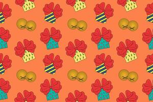 Seamless pattern of colorful gifts with bows and golden bells. Ideal for holiday backgrounds, Christmas wrapping paper, and New Year decor. vector