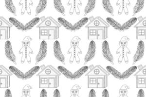 Festive Christmas pattern with gingerbread houses, cookies, and pine branches. Perfect for coloring pages and holiday designs. vector