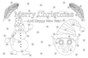 Festive Christmas coloring page with a cheerful snowman, happy elf, pine branches, and snowflakes. Ideal for holiday activities. vector