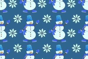 Seamless festive pattern featuring a cheerful snowman and snowflakes on a blue background, perfect for Christmas and winter designs. vector