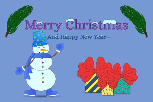 festivo Navidad tarjeta presentando un alegre monigote de nieve con regalos y fiesta decoraciones ideal para celebrando el estación. vector