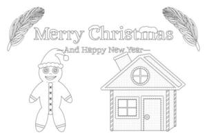 Fun Christmas coloring page featuring a gingerbread man, house, and festive greeting. Perfect for holiday coloring activities for kids and adults. vector