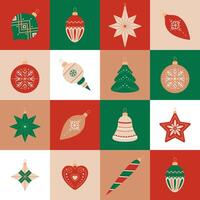 Mosaic seamless pattern with Christmas decorations. Geometric background with holiday ornaments, toys. Xmas design for greeting card, wrapping paper or poster vector