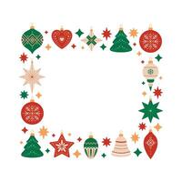 Merry Christmas and Happy New Year square frame with Christmas tree decorations of different shapes. Holiday quadratic template in red, green and beige colors on white background. Festive design vector