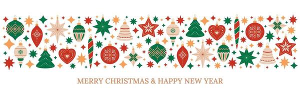 Merry Christmas and Happy New Year horizontal long border with Christmas tree decorations of different shapes. Holiday pattern in red, green and beige colors on white background. Festive banner vector