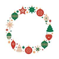 Merry Christmas and Happy New Year round frame with Christmas tree decorations of different shapes. Holiday circle wreath in red, green and beige colors on white background. Festive template vector