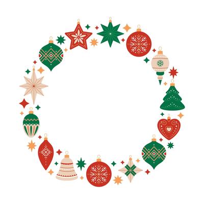 Merry Christmas and Happy New Year round frame with Christmas tree decorations of different shapes. Holiday circle wreath in red, green and beige colors on white background. Festive template