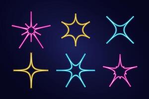 Set Neon Sparkles, Glitters. Collection of fluorescent angular Stars. Shimmer, shine. Illuminated Glitter. Shining abstract shapes. Electric light. Sign y2k aesthetics. Isolated. illustration. vector
