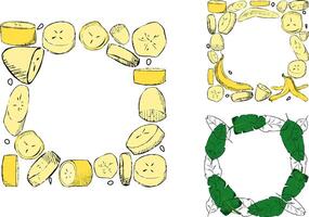 Banana set of square frames. Hand drawn Graphic cartoon templates. Clip art isolated on white background exotic plant. Ideal for designing menus, price tags, labels and packaging of natural vector