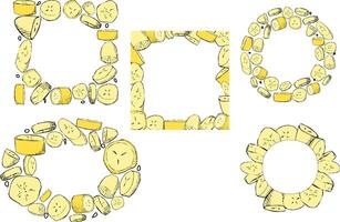 Fruit frame set. Banana slices different frames. background. Cartoon graphic stile vector