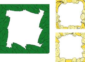 illustration. Set of three tropical frames with leaves and bananas. Graphic cartoon illustration. Place for your text. White background isolated. Idea for your card and poster vector
