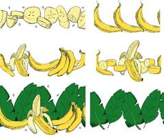 bananas, slices and tropical leaves borders. Horizontal seamless pattern frame set. illustration in graphic vector