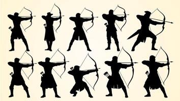 Silhouettes of archers in various stances, drawing bows and aiming arrows. vector