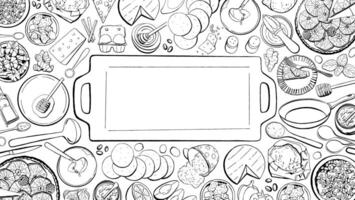 Hand Drawn Cooking Class Template. Food Ingredients and Tools Outlines Isolated on White Background vector